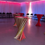 Location de housses de table de cocktail en or métallisé / Metallic Gold Cocktail Table Covers Rental