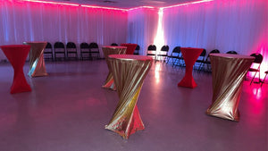 Location de housses de table de cocktail en or métallisé / Metallic Gold Cocktail Table Covers Rental