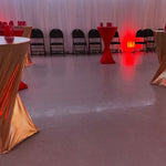 Location de housses de table de cocktail en or métallisé / Metallic Gold Cocktail Table Covers Rental