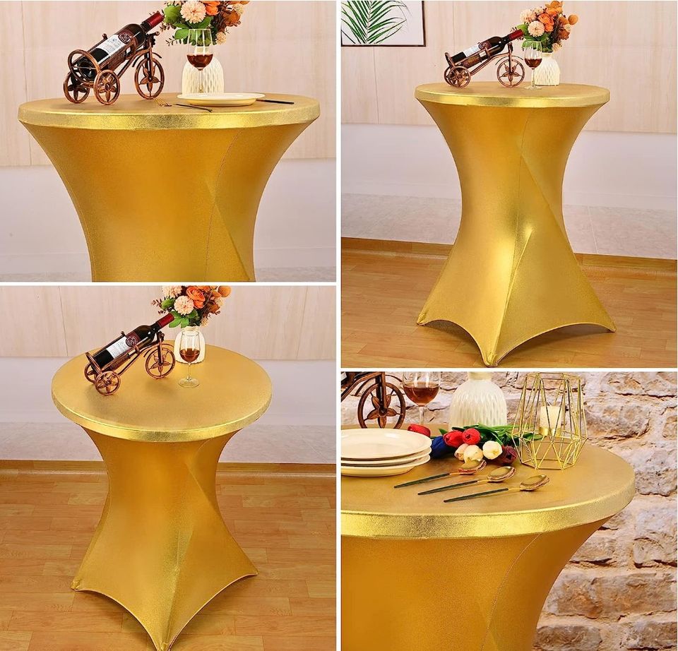 Location de housses de table de cocktail en or métallisé / Metallic Gold Cocktail Table Covers Rental