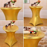 Location de housses de table de cocktail en or métallisé / Metallic Gold Cocktail Table Covers Rental